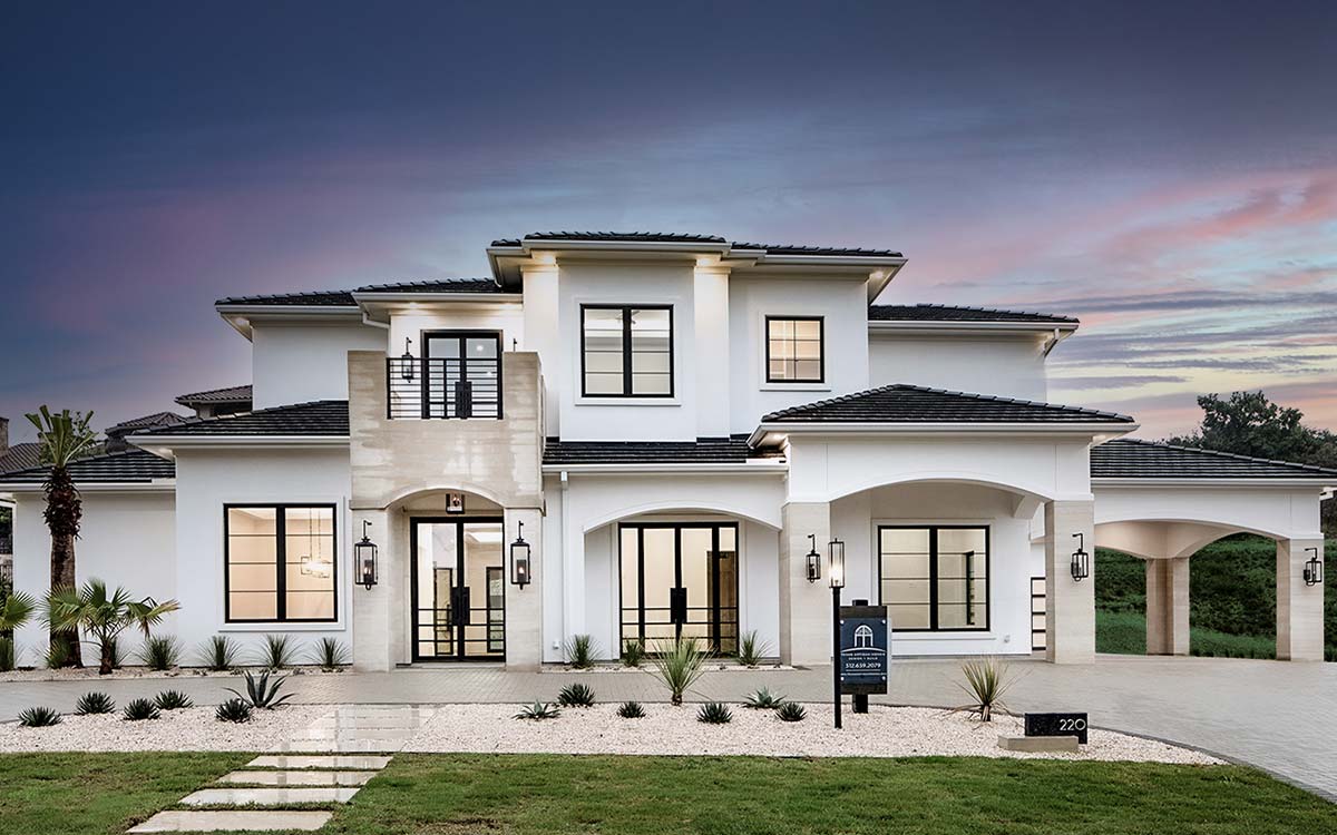 Texas Artisan Homes Austin Custom Home Builder Mediterranean Modern Front Elevation 1 1